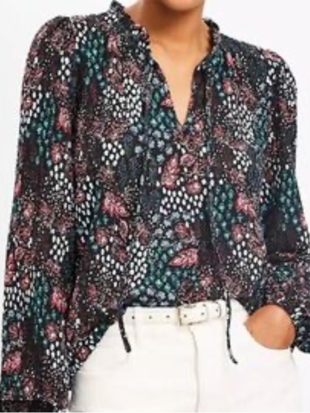 LOFT Teal and Pink Floral V-Neck Long Sleeve Blouse
